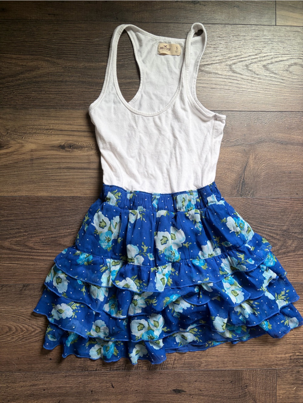 Hollister White Tank with Blue Floral Ruffle Skirt One-Piece